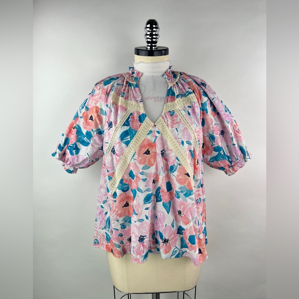 💚 3412. Floral Puff Sleeve V-Neck Blouse